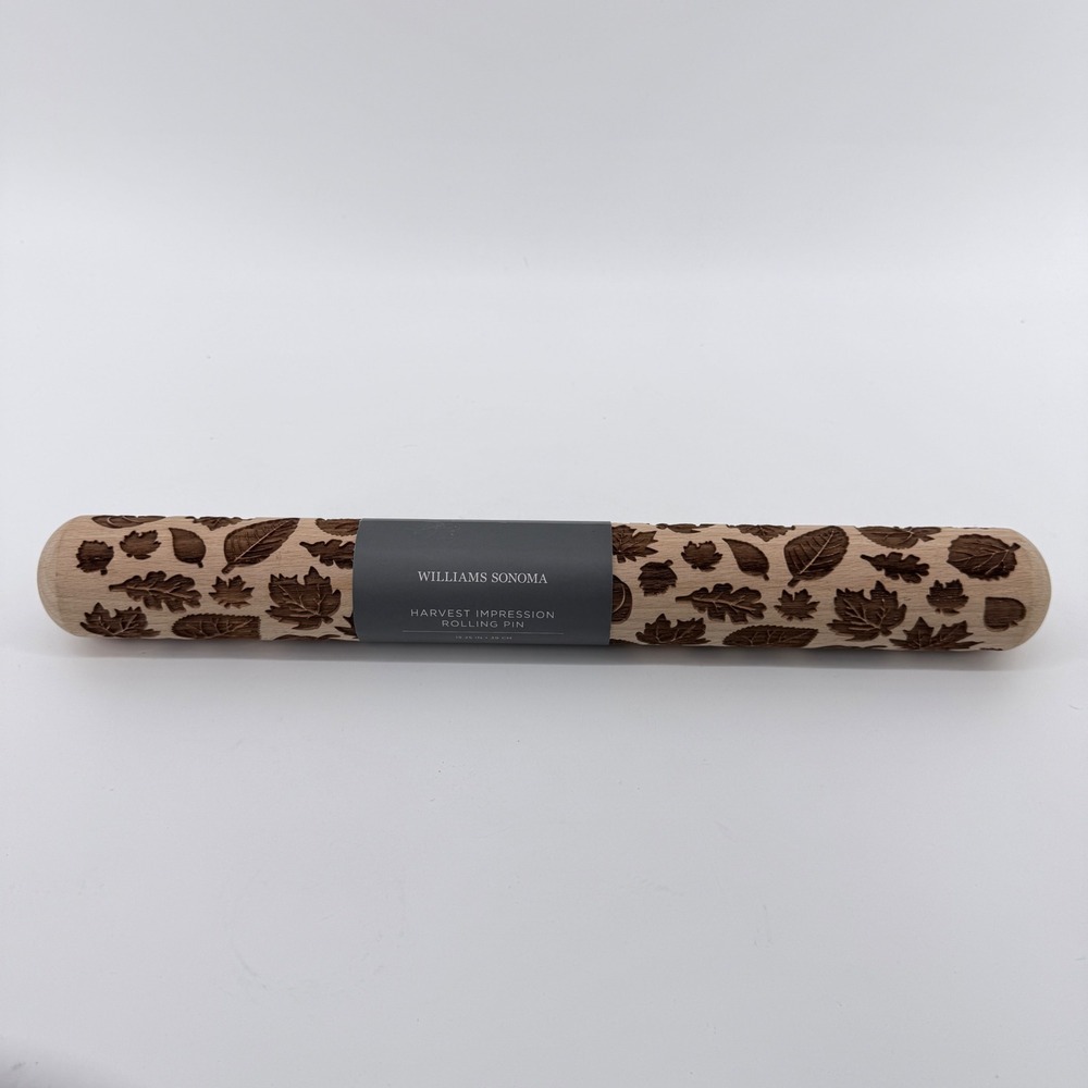 Williams Sonoma Rolling Pin Harvest Impression Wood Brown Leaf Pattern 15.25in